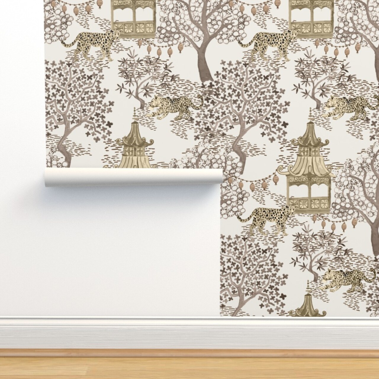 Chinoiserie Pagoda Leopard Print Watercolor Neutral Brown Cream Large Scale Custom Pre-pasted Wallpaper by Spoonflower Pre-Pasted Wallpaper 2FT Wide